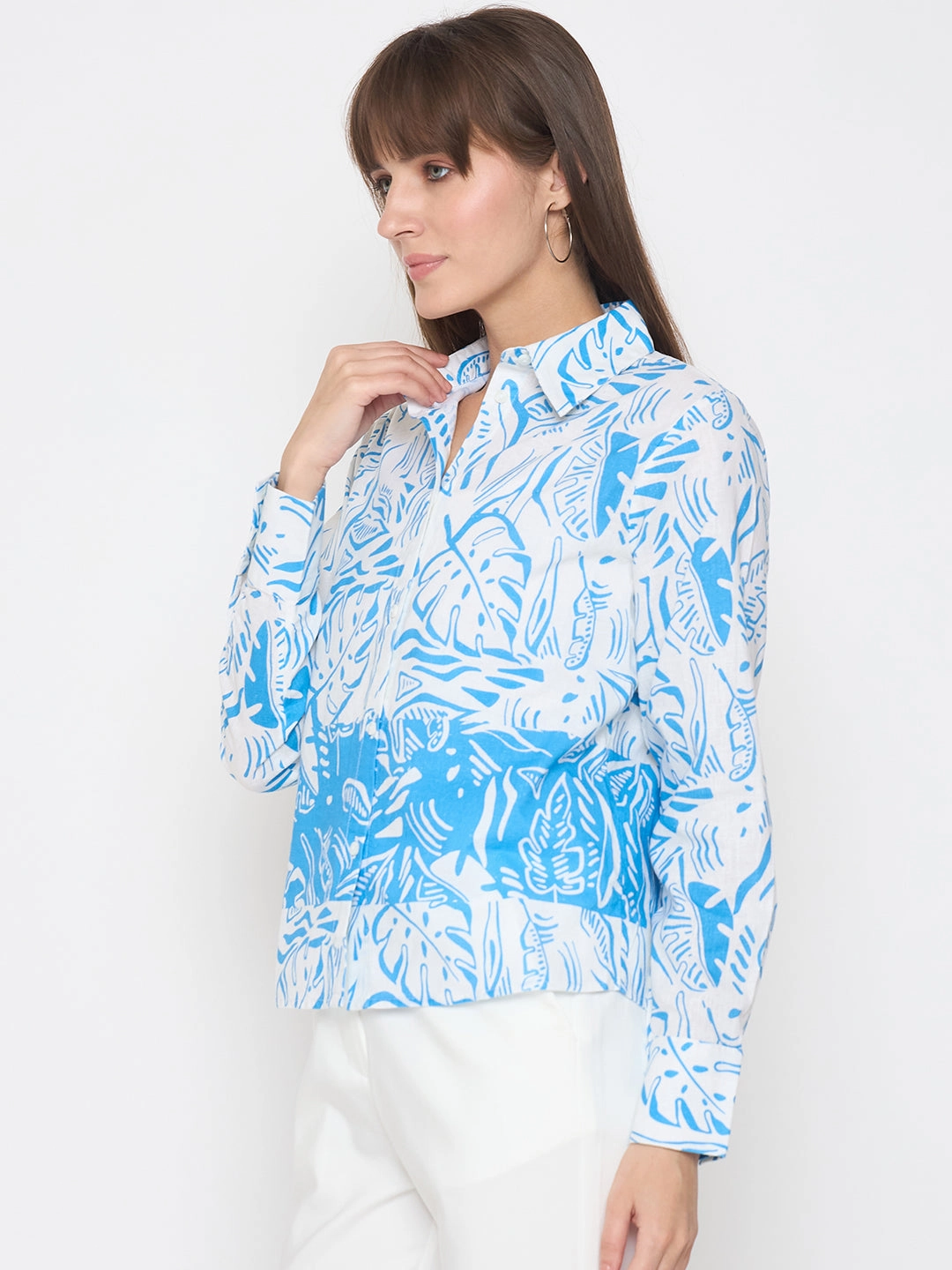 Bold colors Madame Botanical Print Button Up Front Aqua Blue Shirt