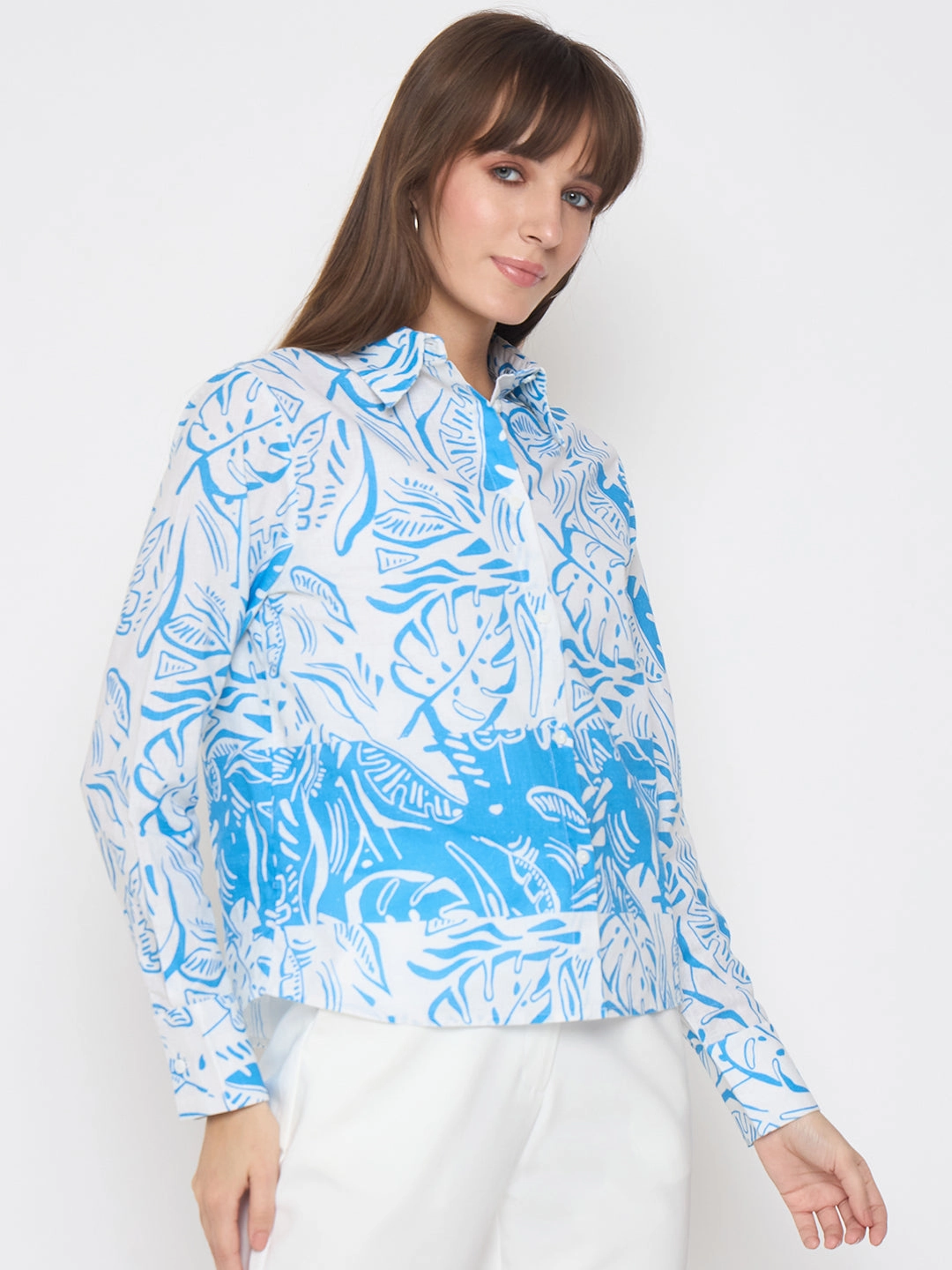 Premium Fabric Madame Botanical Print Button Up Front Aqua Blue Shirt