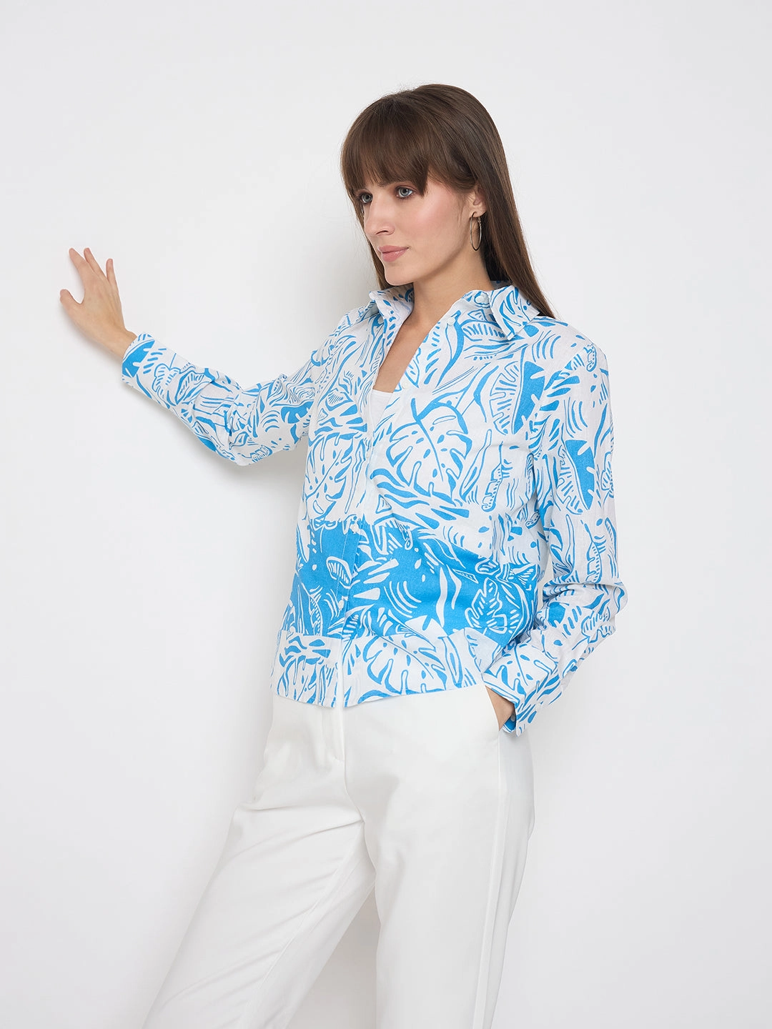 Madame Botanical Print Button Up Front Aqua Blue Shirt Solid Color