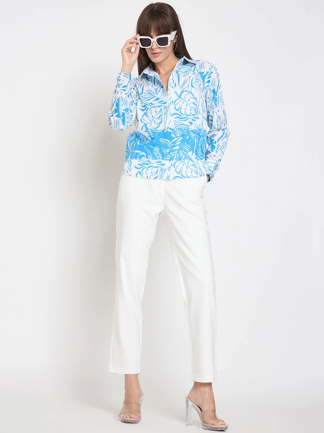 hypoallergenic Madame Botanical Print Button Up Front Aqua Blue Shirt