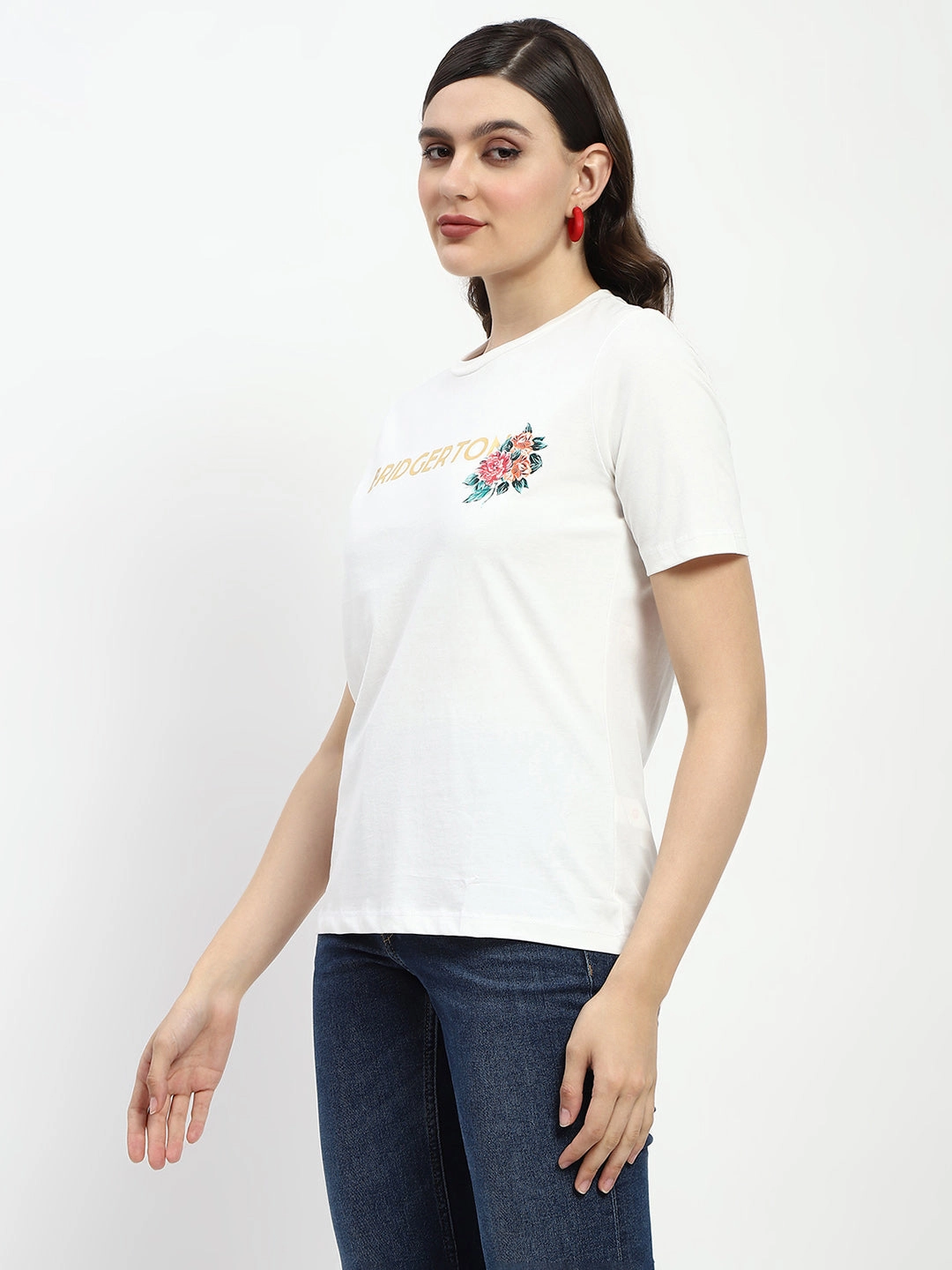 Madame Bridgerton Embossed Graphics White Cotton T-Shirt Holiday Wear
