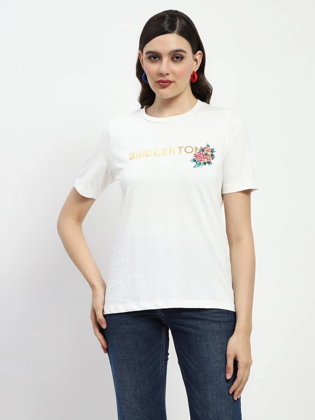 Comfy Stretch Wear Madame Bridgerton Embossed Graphics White Cotton T-Shirt