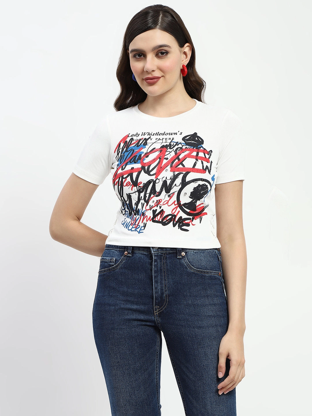 Madame Bridgerton Typography Printed Crystal Embellished White Cotton T-Shirt AllSeasonWear