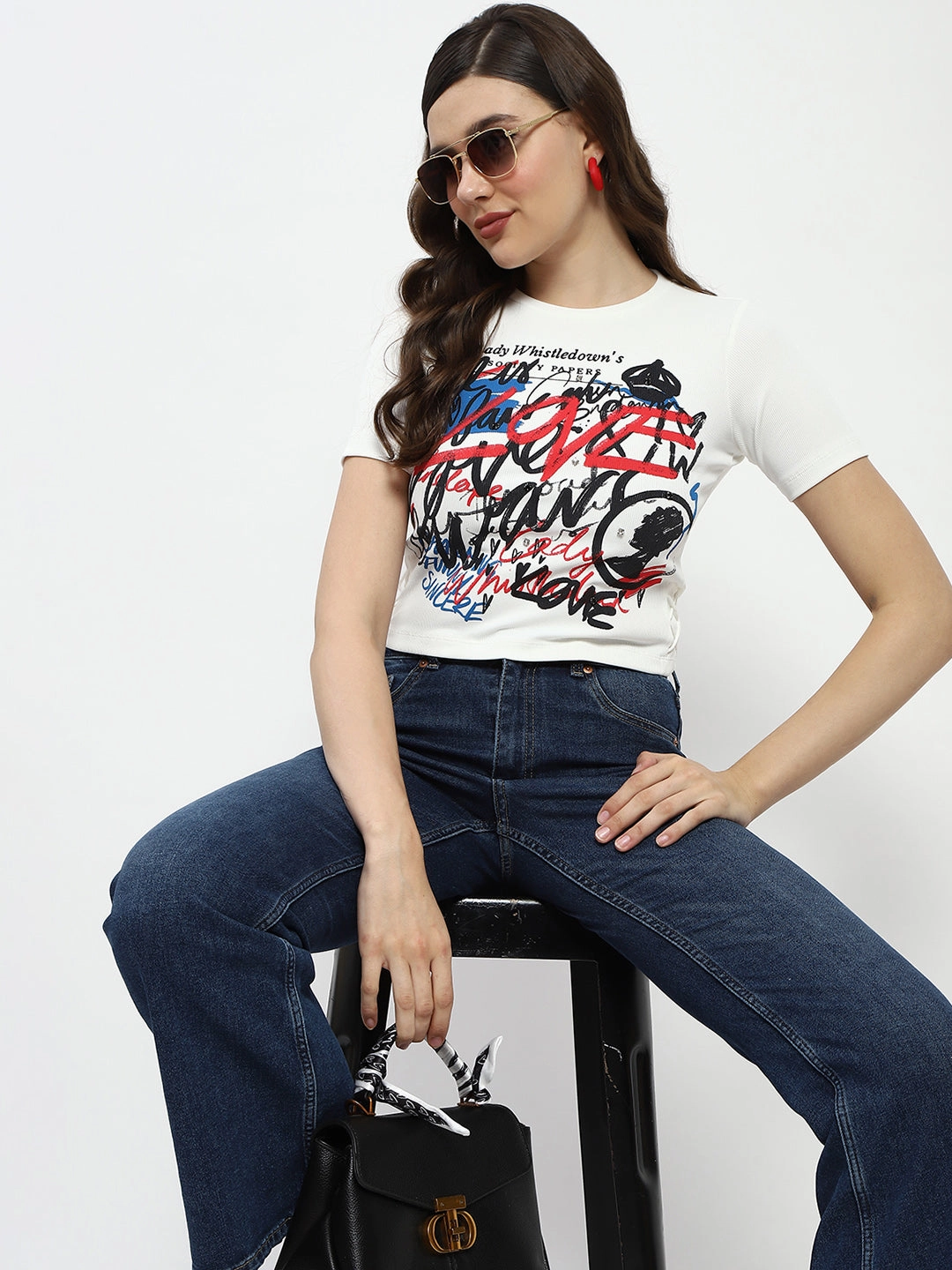 Madame Bridgerton Typography Printed Crystal Embellished White Cotton T-Shirt Reinforced Shoulder Seams