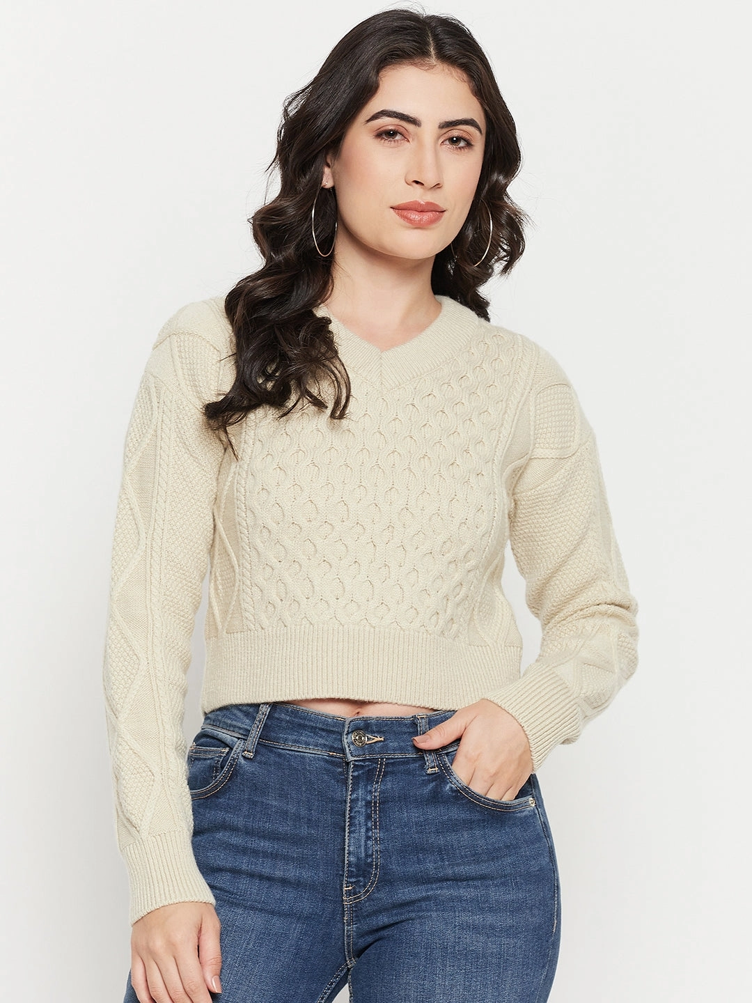 Warm and Snuggly Madame Cable Knit Beige Crop Sweater