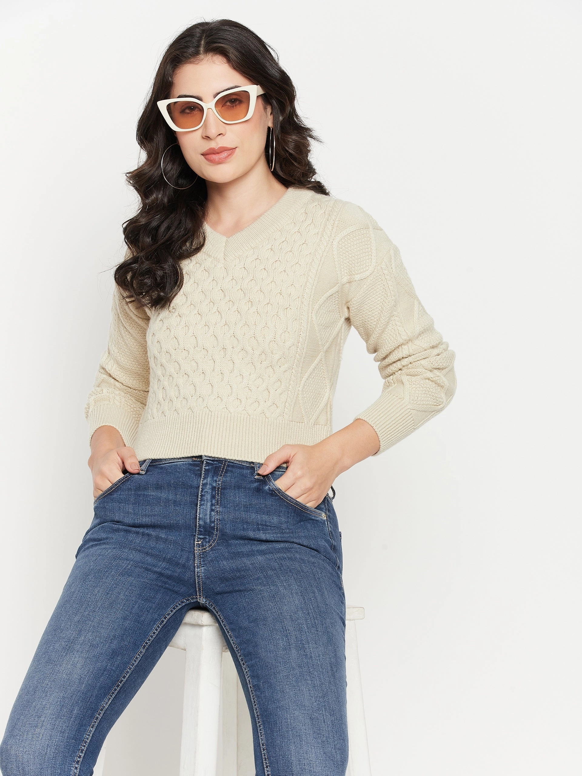 Madame Cable Knit Beige Crop Sweater All Purpose Fit