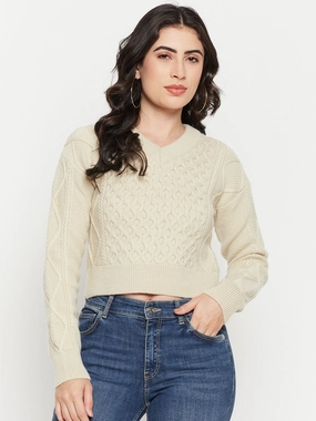 Warm and Snuggly Madame Cable Knit Beige Crop Sweater
