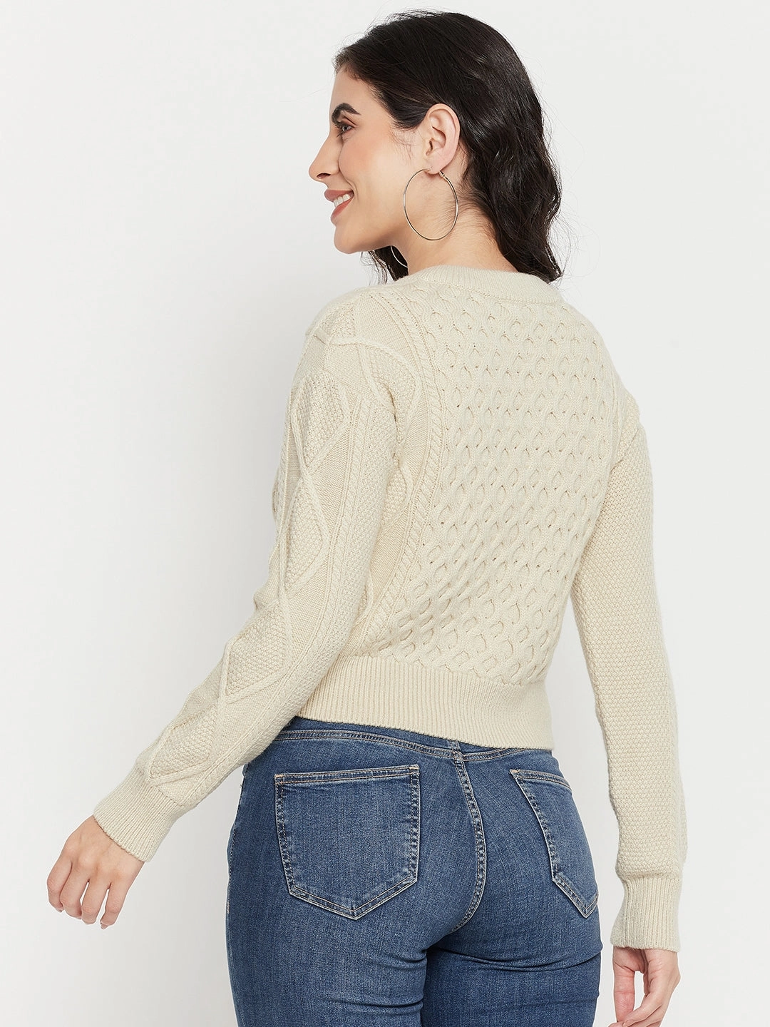 Knitted Look Madame Cable Knit Beige Crop Sweater
