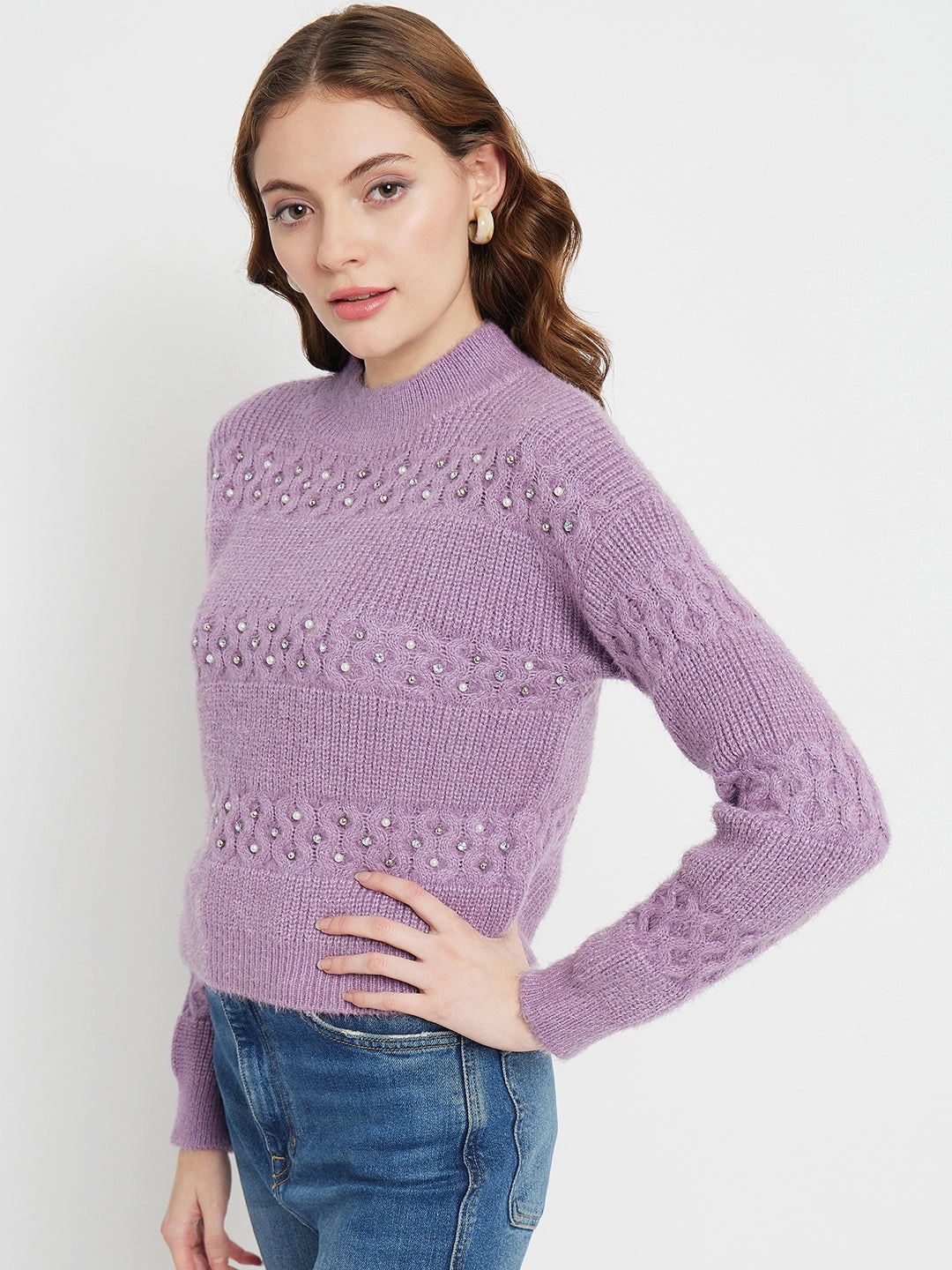 Sleek Comfort Wear Elastic waist Madame Cable Knit Embellished Lilac Sweater