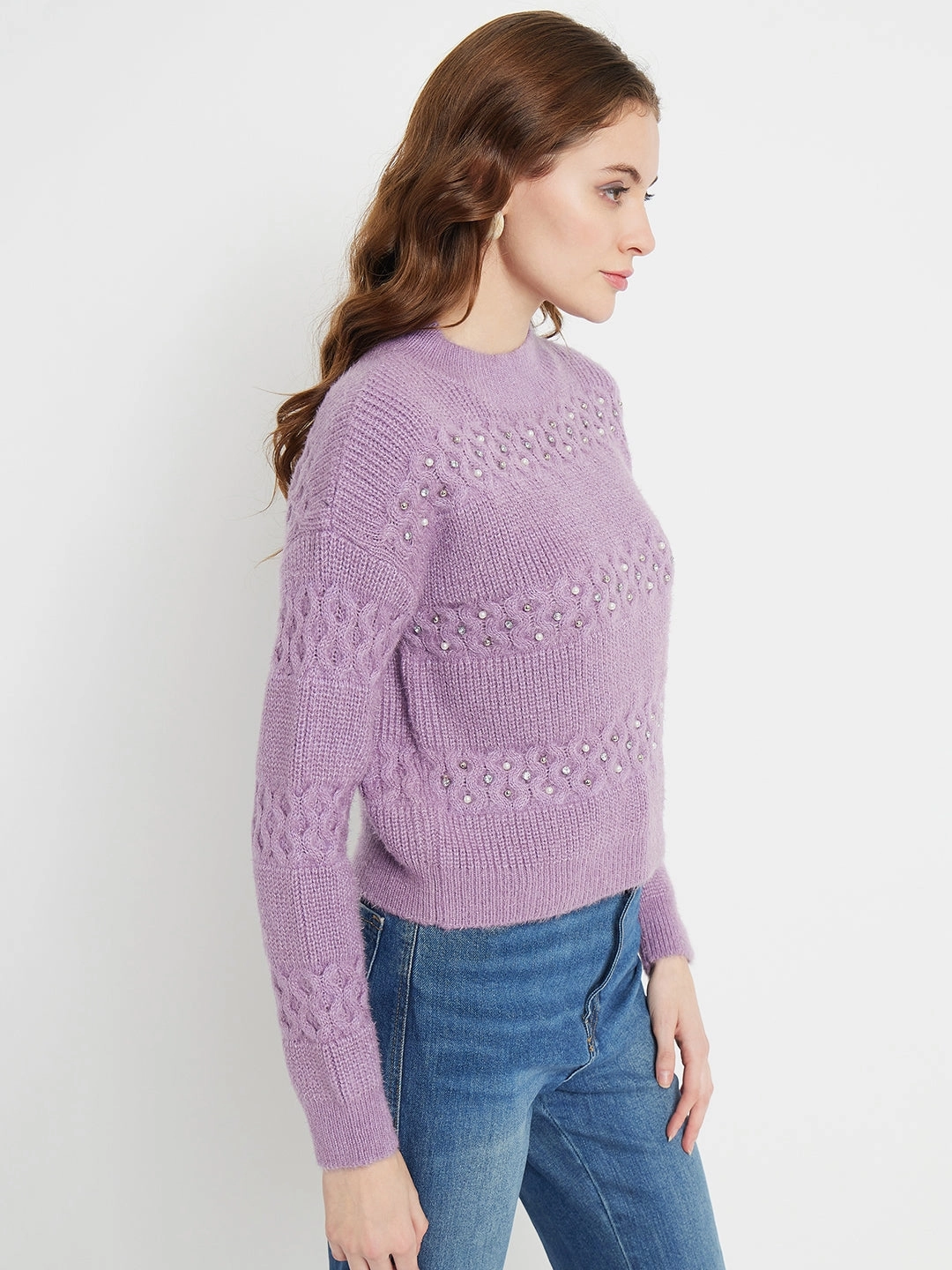 Madame Cable Knit Embellished Lilac Sweater Cozy Waistband Essential Comfort