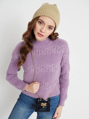 Madame Cable Knit Embellished Lilac Sweater Winter Wear Warm and Snuggly