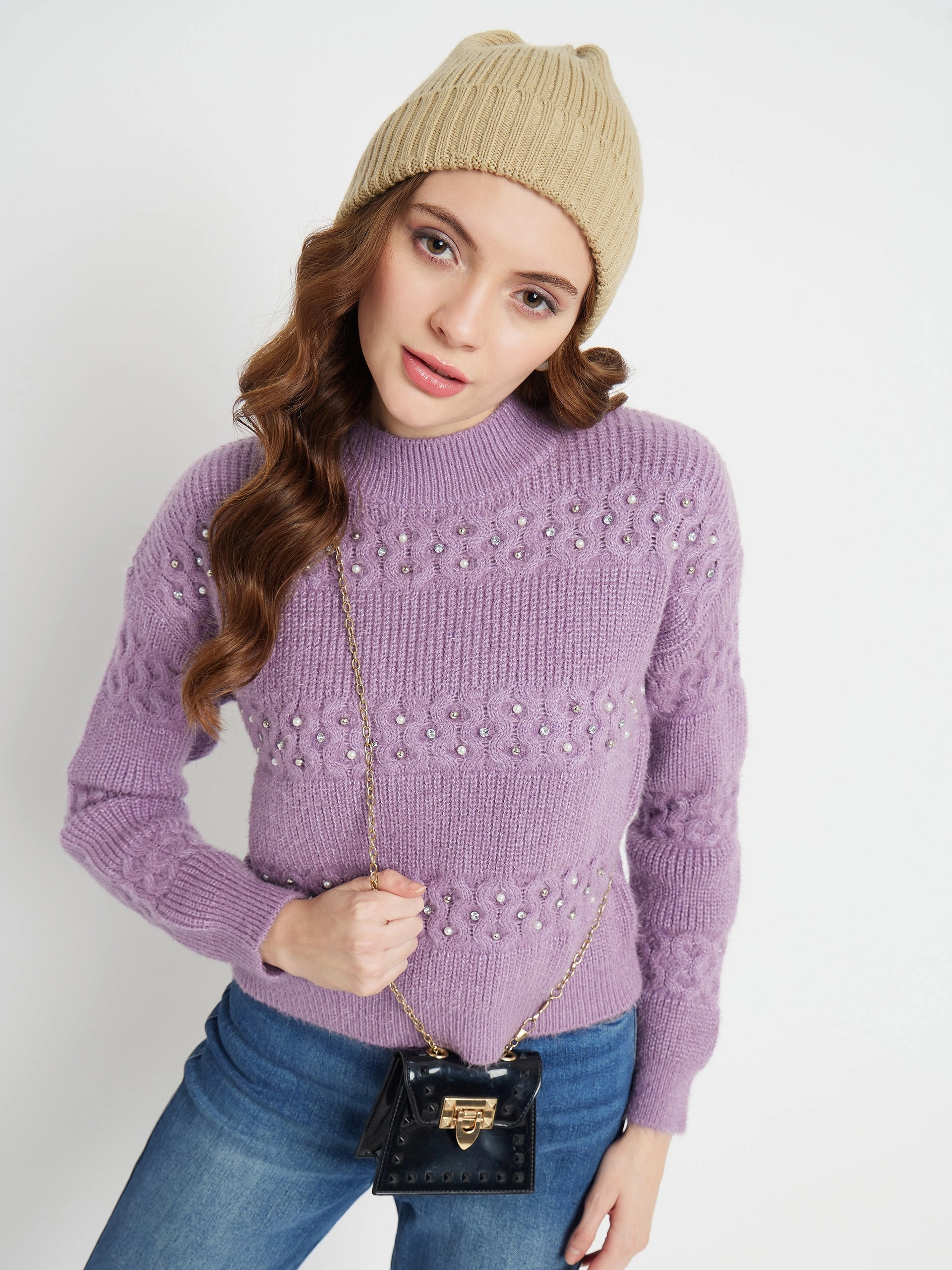 Madame Cable Knit Embellished Lilac Sweater Winter Wear Warm and Snuggly