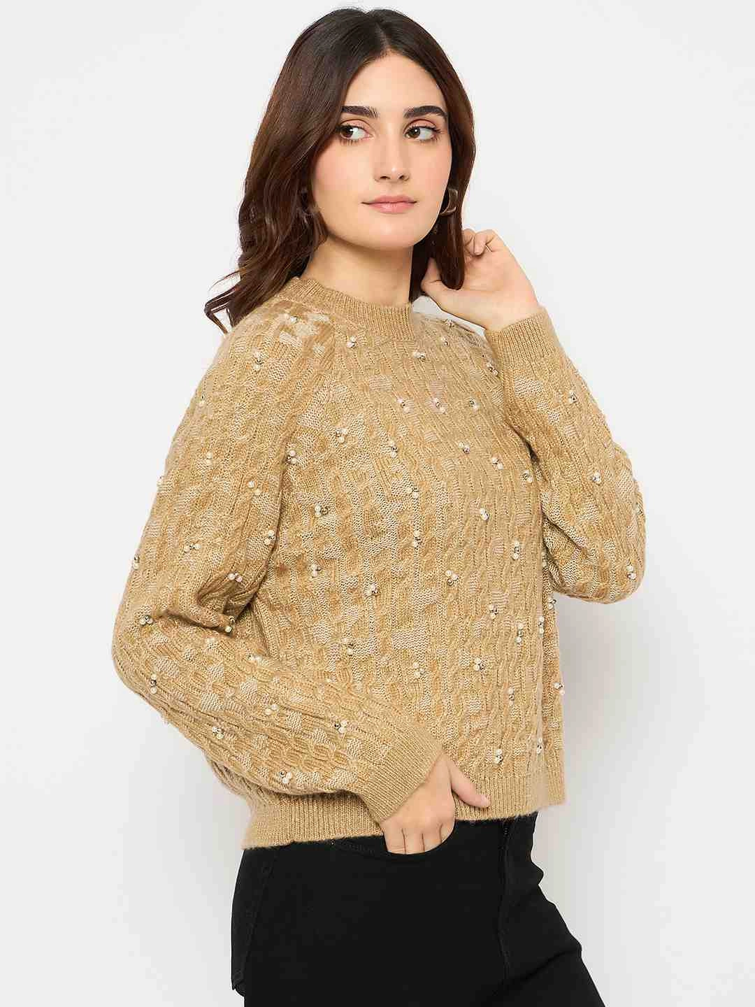 Warm And Comfortable Madame Cable Knit Pearl Embellished Brown Sweater