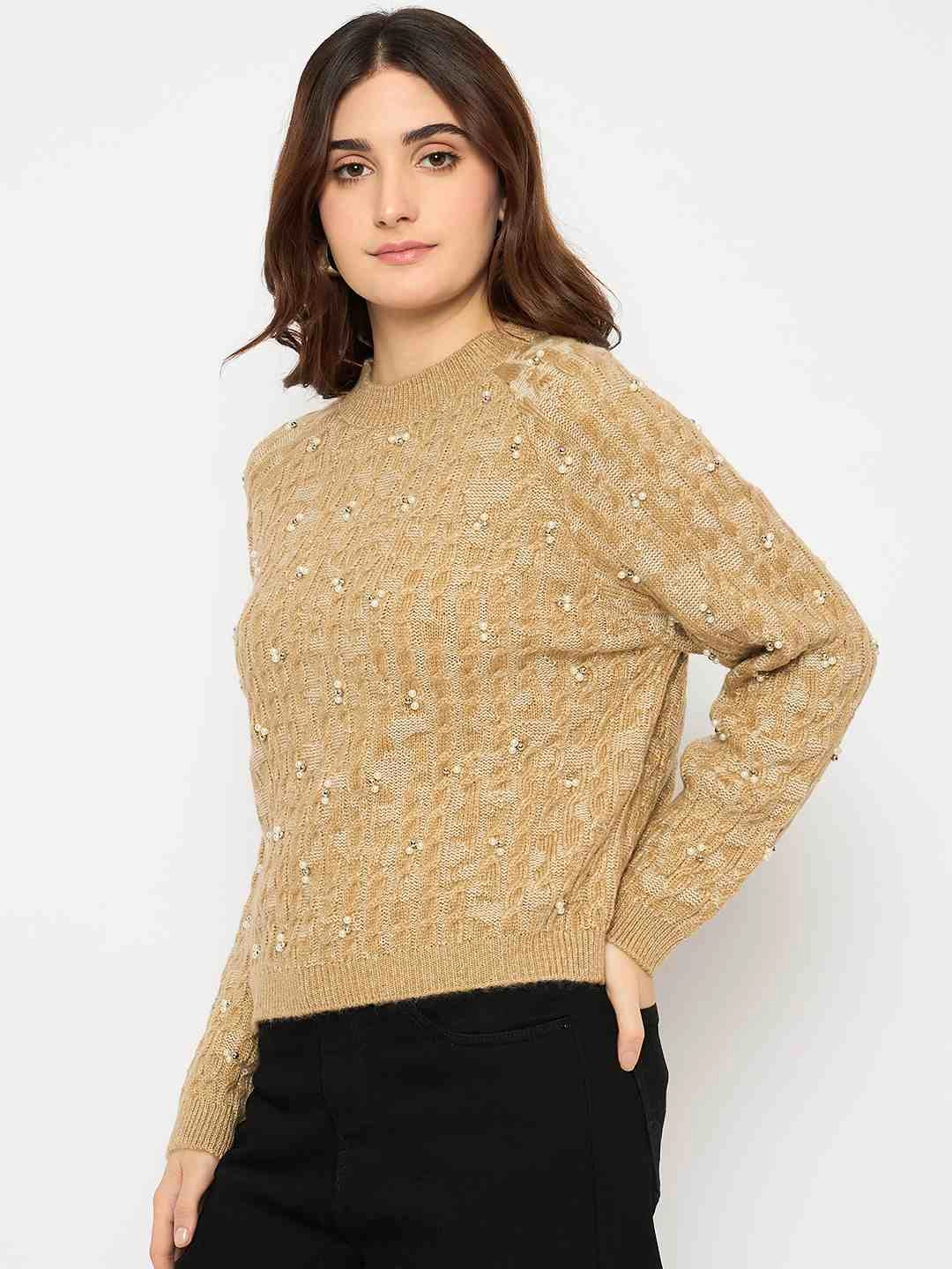 Madame Cable Knit Pearl Embellished Brown Sweater Flex Fit Warm Knit