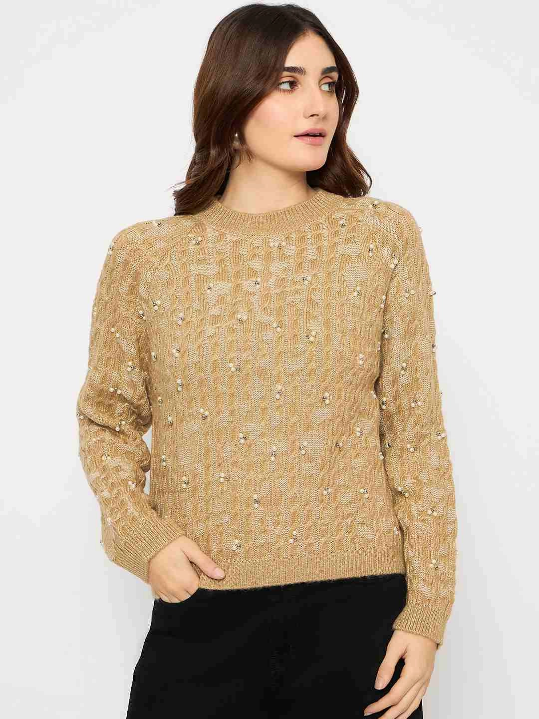Madame Cable Knit Pearl Embellished Brown Sweater Fashion Forward