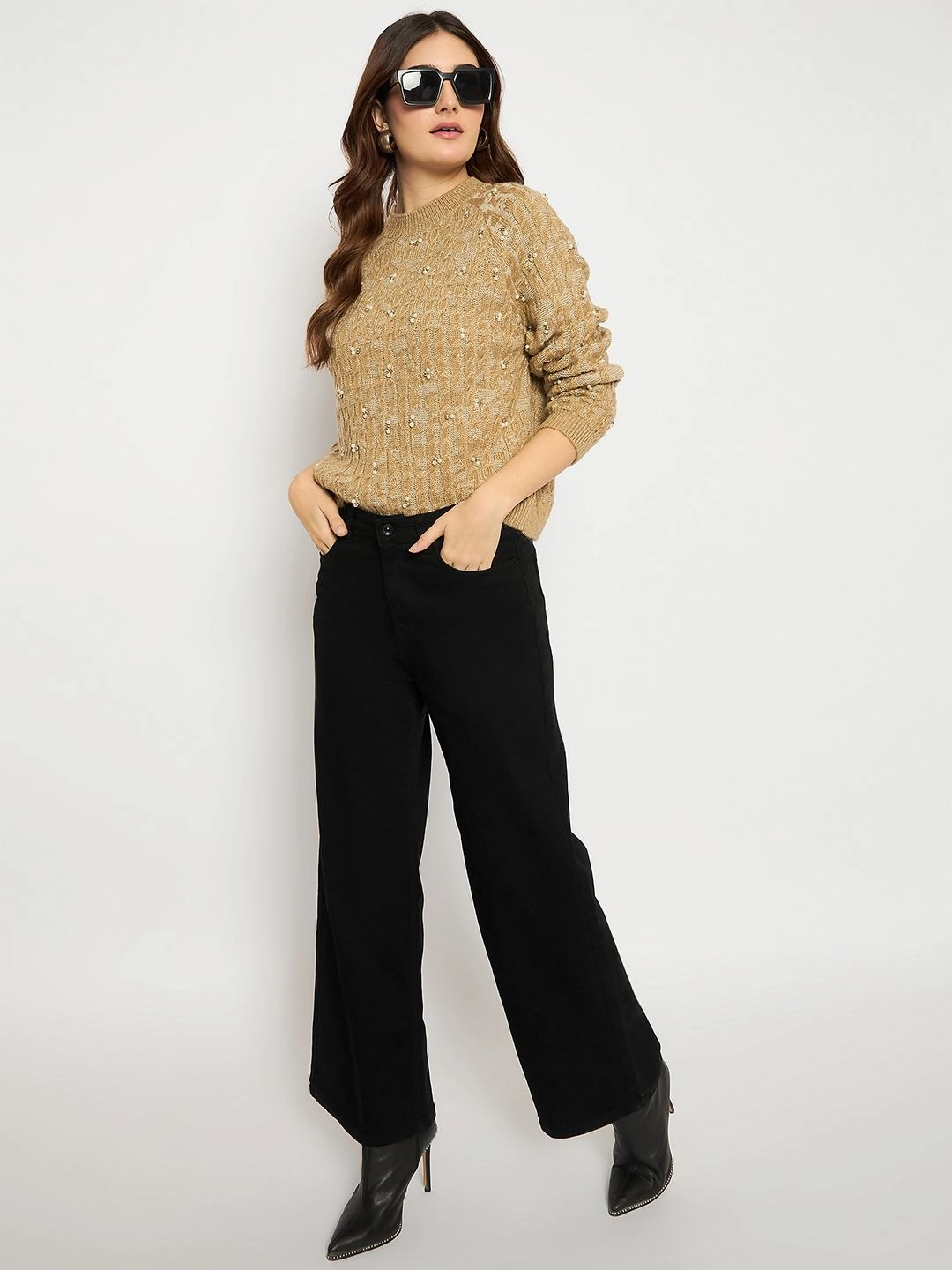 Madame Cable Knit Pearl Embellished Brown Sweater Multipanel Construction