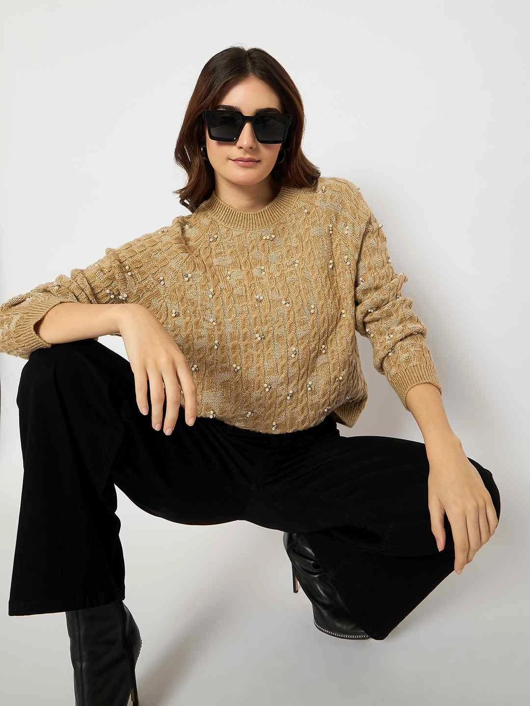 Madame Cable Knit Pearl Embellished Brown Sweater Chill Layer