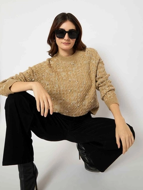 Madame Cable Knit Pearl Embellished Brown Sweater Chill Layer