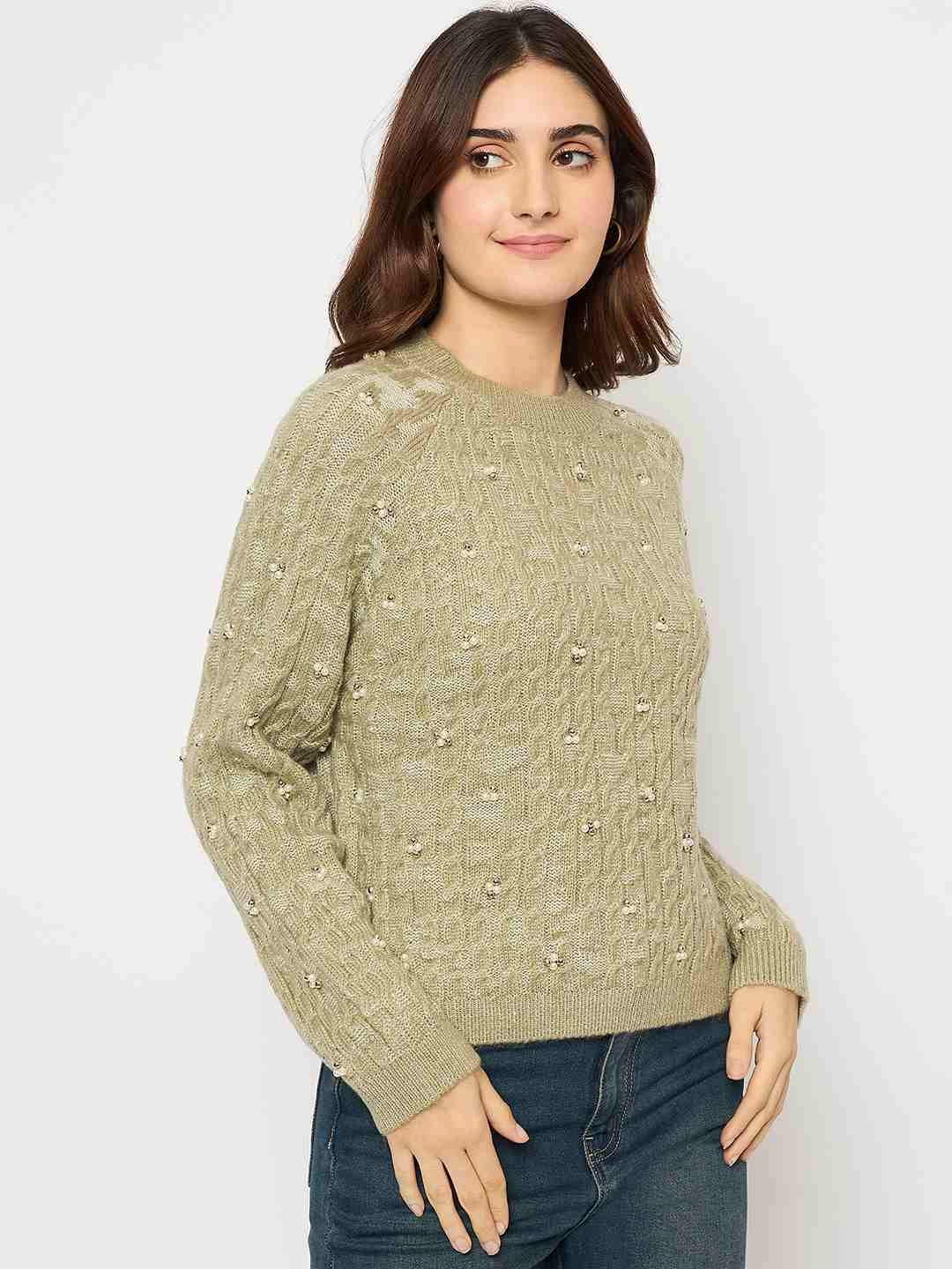 Casual Performance Colorfast Dye Method Madame Cable Knit Pearl Embellished Green Sweater