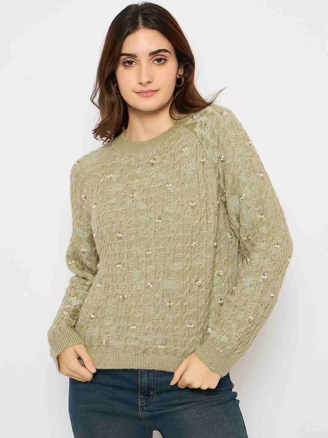 Madame Cable Knit Pearl Embellished Green Sweater Breathable Waist Lightweight Design