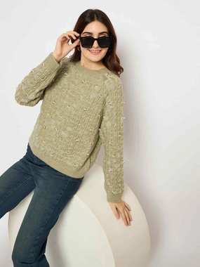 Madame Cable Knit Pearl Embellished Green Sweater Versatile Performance Warm Fashion