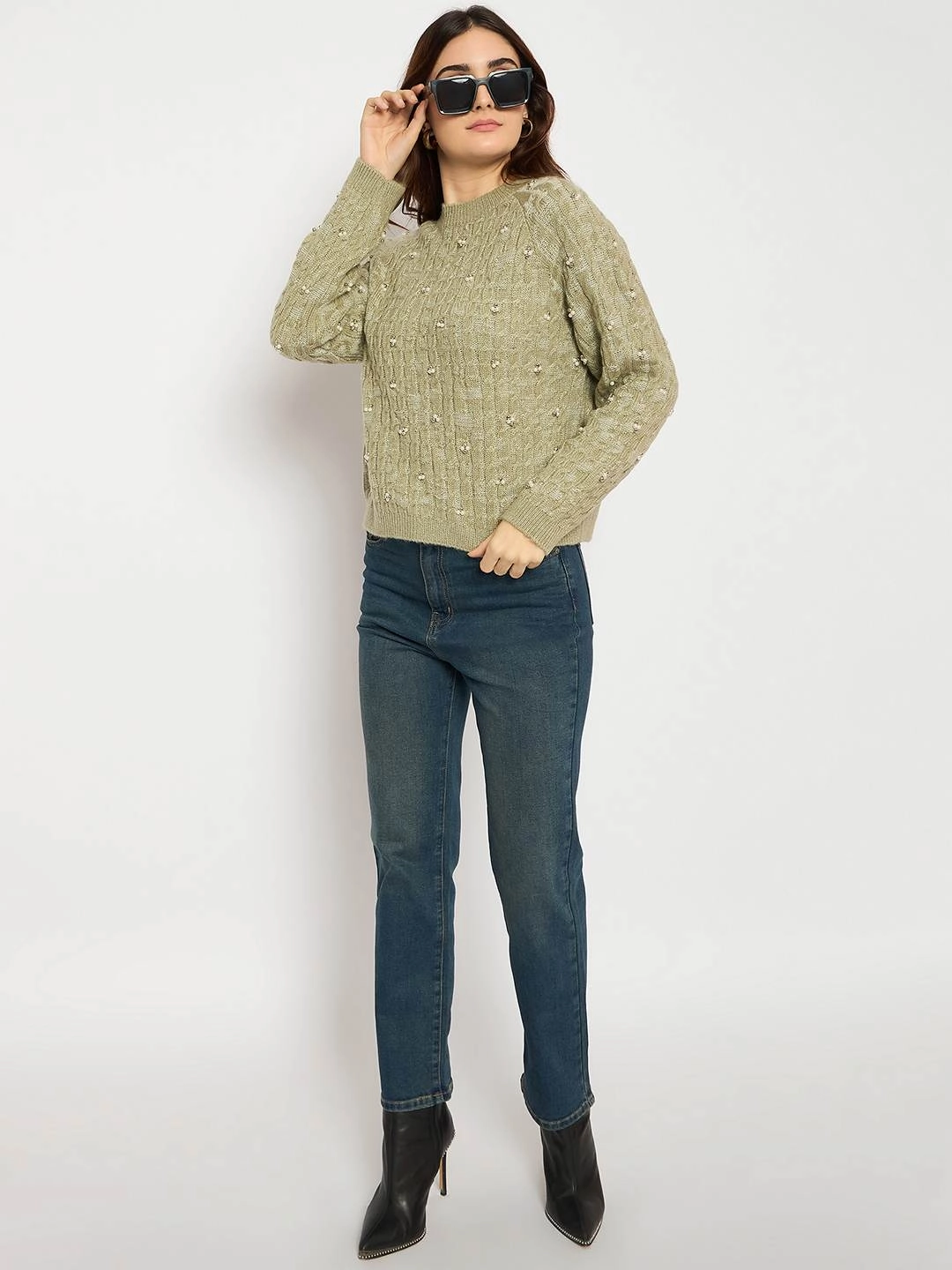 Breathable mesh lining Snuggly Feel Madame Cable Knit Pearl Embellished Green Sweater