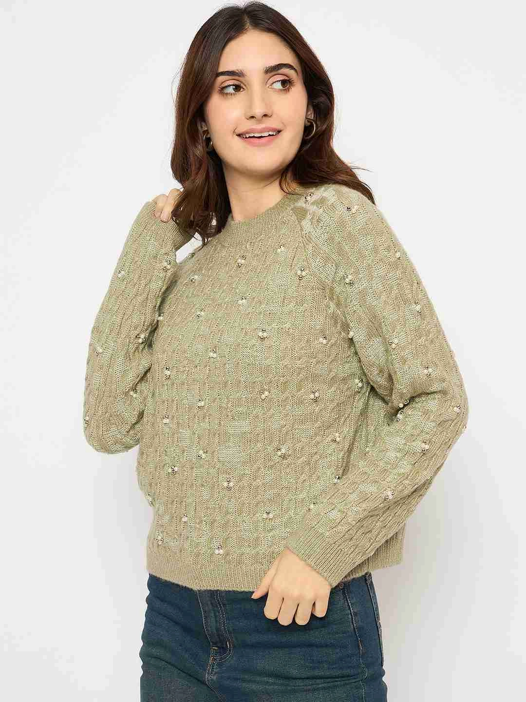Lightweight Warmth Comfy Must-Have Madame Cable Knit Pearl Embellished Green Sweater