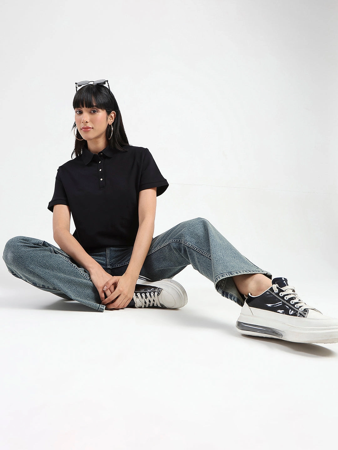 Madame Collared Solid Black Cotton Blend Polo T-Shirt Timeless Look Wear