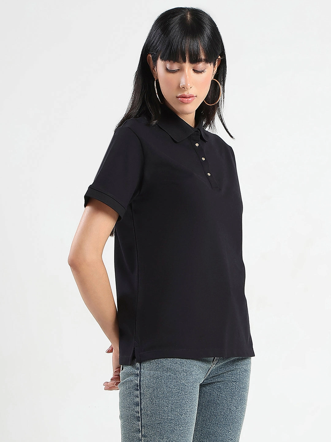 Modern Layering baby shower Madame Collared Solid Black Cotton Blend Polo T-Shirt