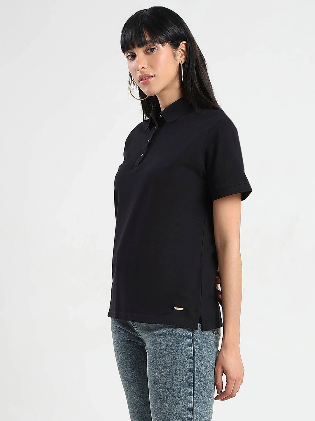 Madame Collared Solid Black Cotton Blend Polo T-Shirt Relaxed Waist