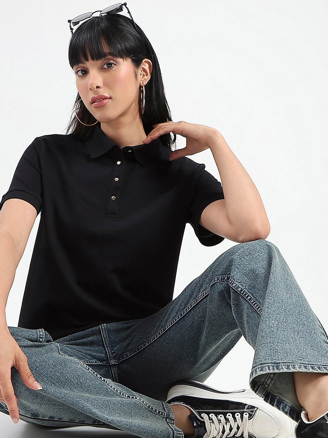 Animal Print Quick Comfort Fit Madame Collared Solid Black Cotton Blend Polo T-Shirt