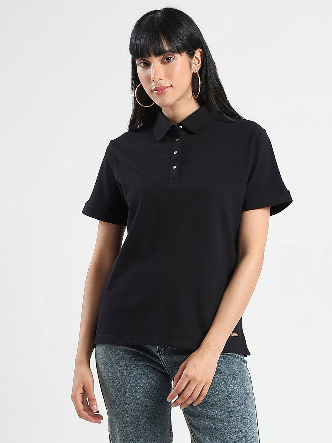 Casual Essentials Madame Collared Solid Black Cotton Blend Polo T-Shirt