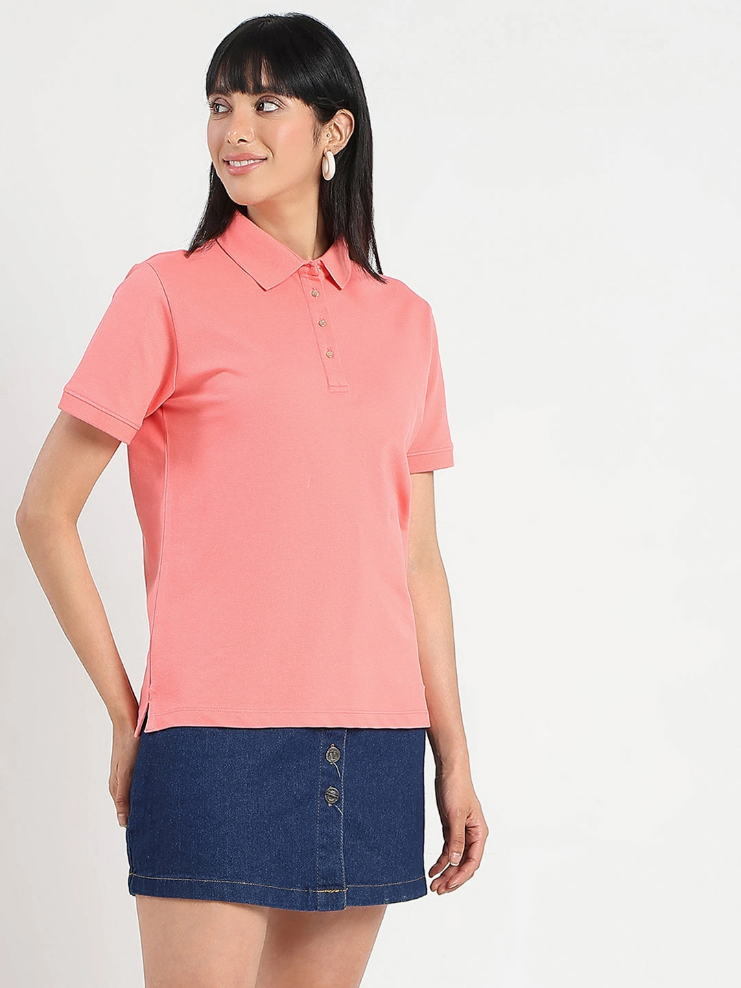 Madame Collared Solid Coral Cotton Blend Polo T-Shirt Travel Trend Look