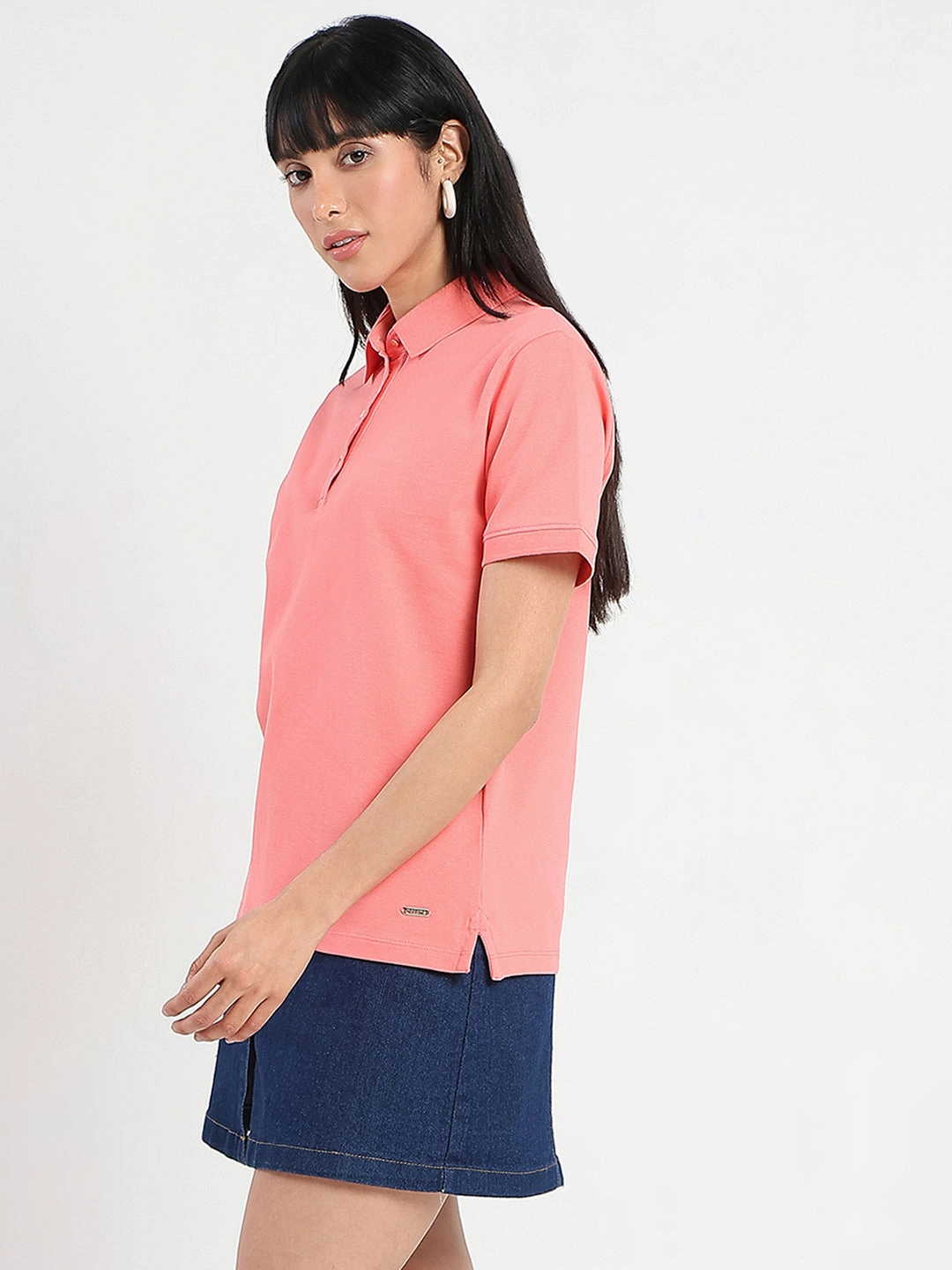 Madame Collared Solid Coral Cotton Blend Polo T-Shirt Buttery Soft Fabric