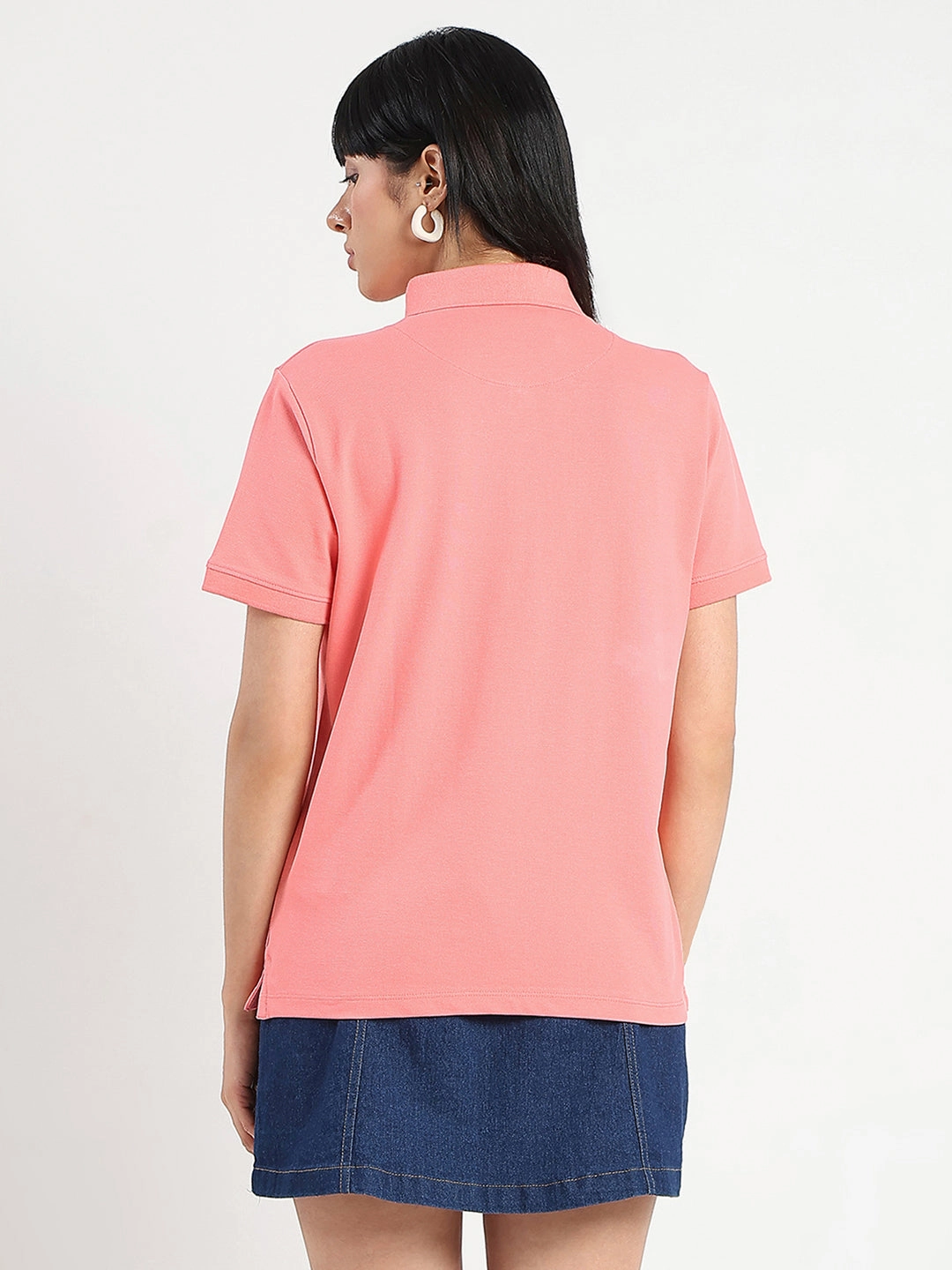 Madame Collared Solid Coral Cotton Blend Polo T-Shirt Effortless Vibe AntiPillingTreatment