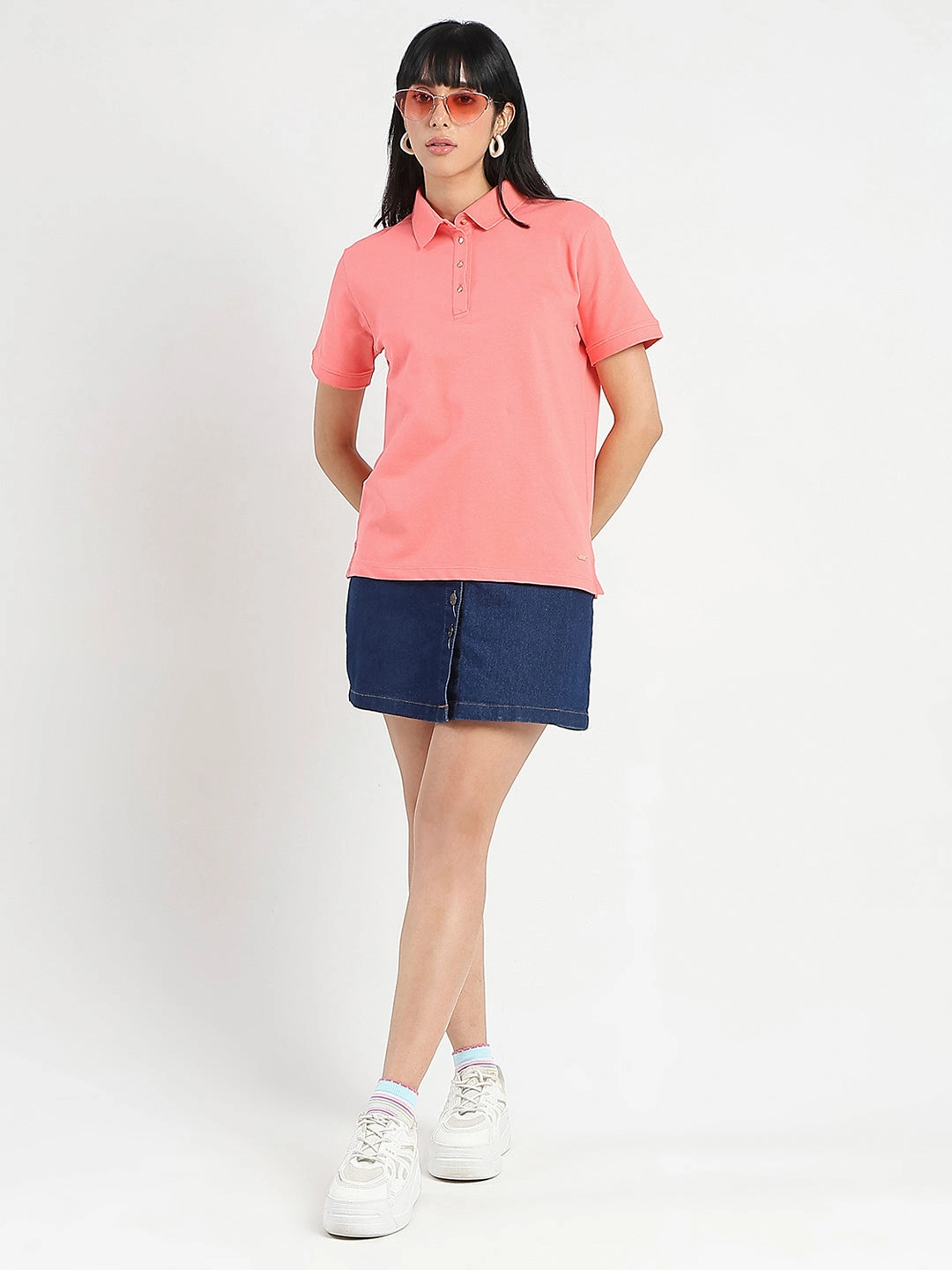 Lightweight Weave Regular Fit Madame Collared Solid Coral Cotton Blend Polo T-Shirt