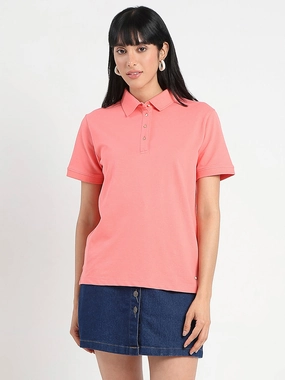 Classic Wearable Essential Clothing Madame Collared Solid Coral Cotton Blend Polo T-Shirt