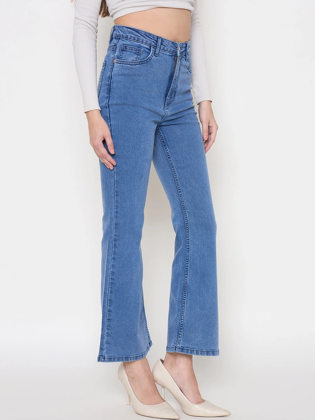 Madame Cotton Blend Flared Fit Mid Blue Denim Jeans Layer Friendly Piece Universal Style