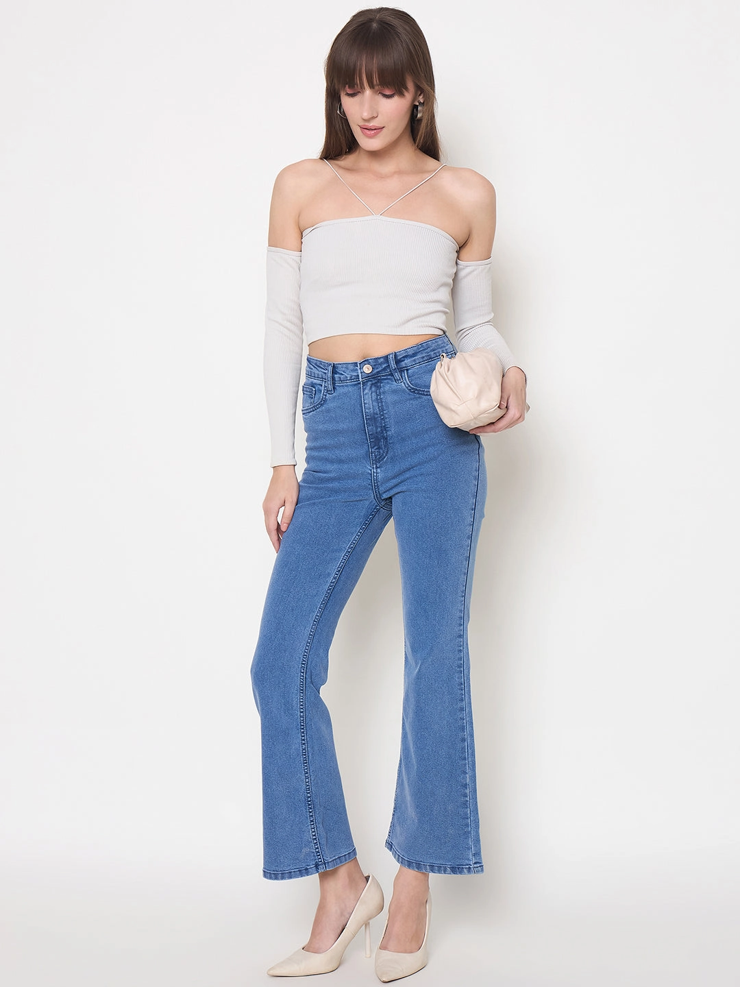 Professional Wear Premium Winter Warmth Madame Cotton Blend Flared Fit Mid Blue Denim Jeans