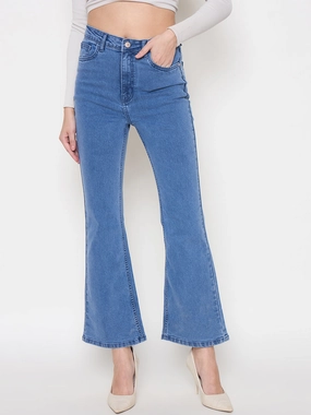 Spring Mood Smooth Work Meeting Madame Cotton Blend Flared Fit Mid Blue Denim Jeans