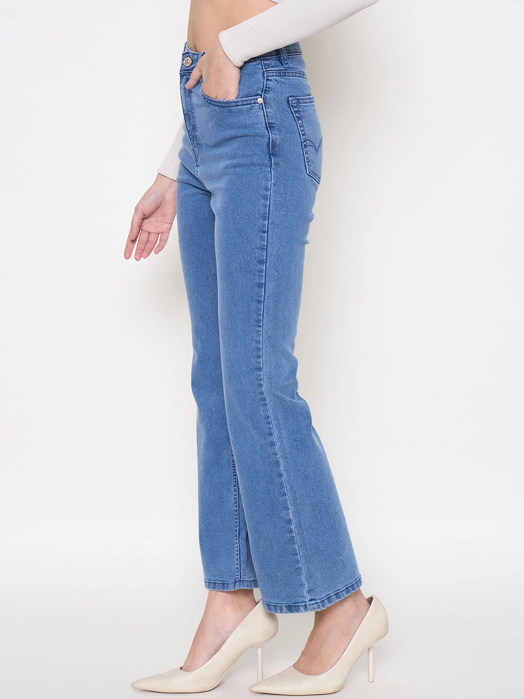 Madame Cotton Blend Flared Fit Mid Blue Denim Jeans Double Layered Knees Comfortable Design