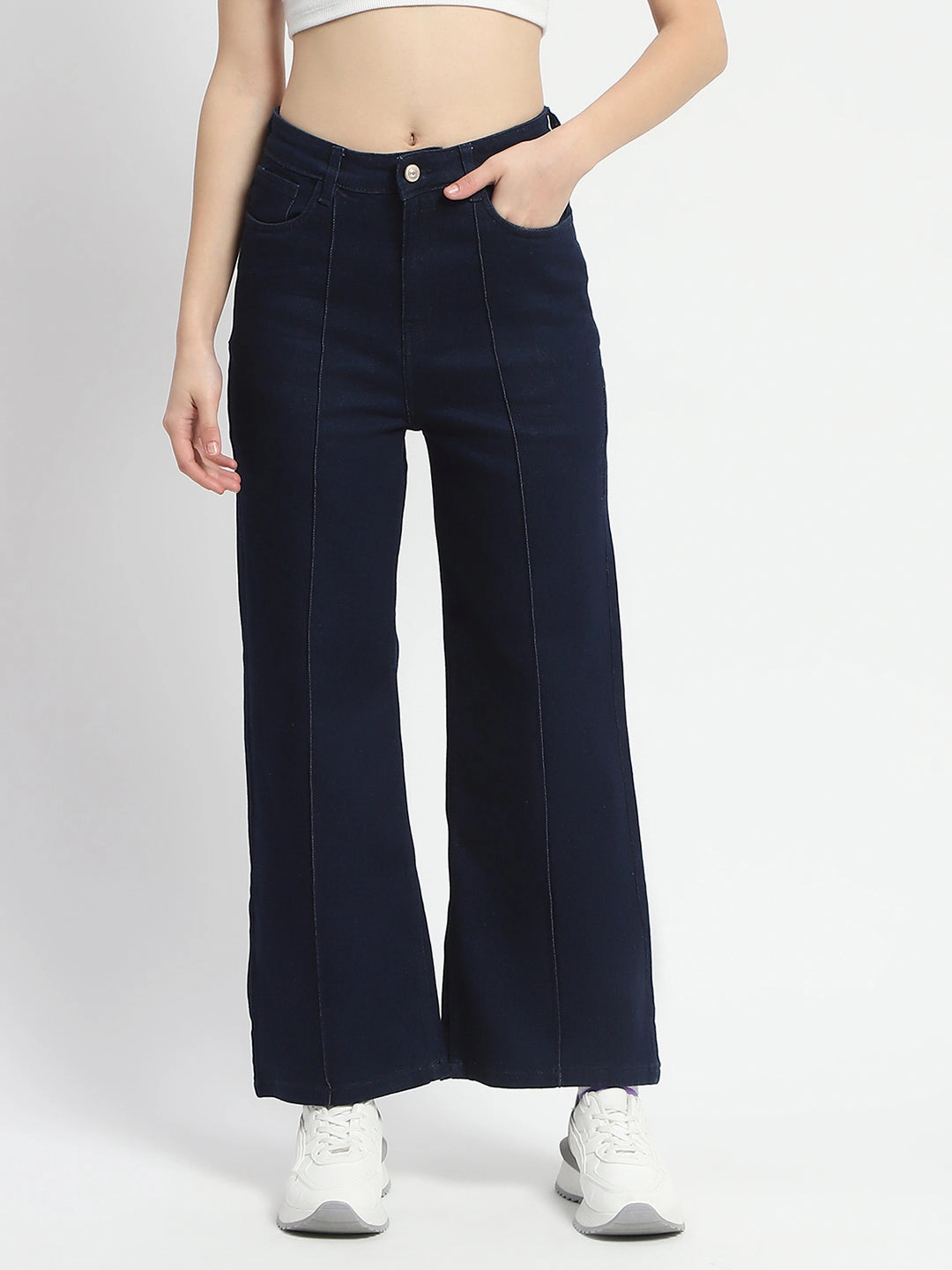 Madame Cotton Blend Single Pleat Wide Leg Dark Blue Denim Jeans Day To Day Teen Outfit Outdoor Adventure Sunny Vibes