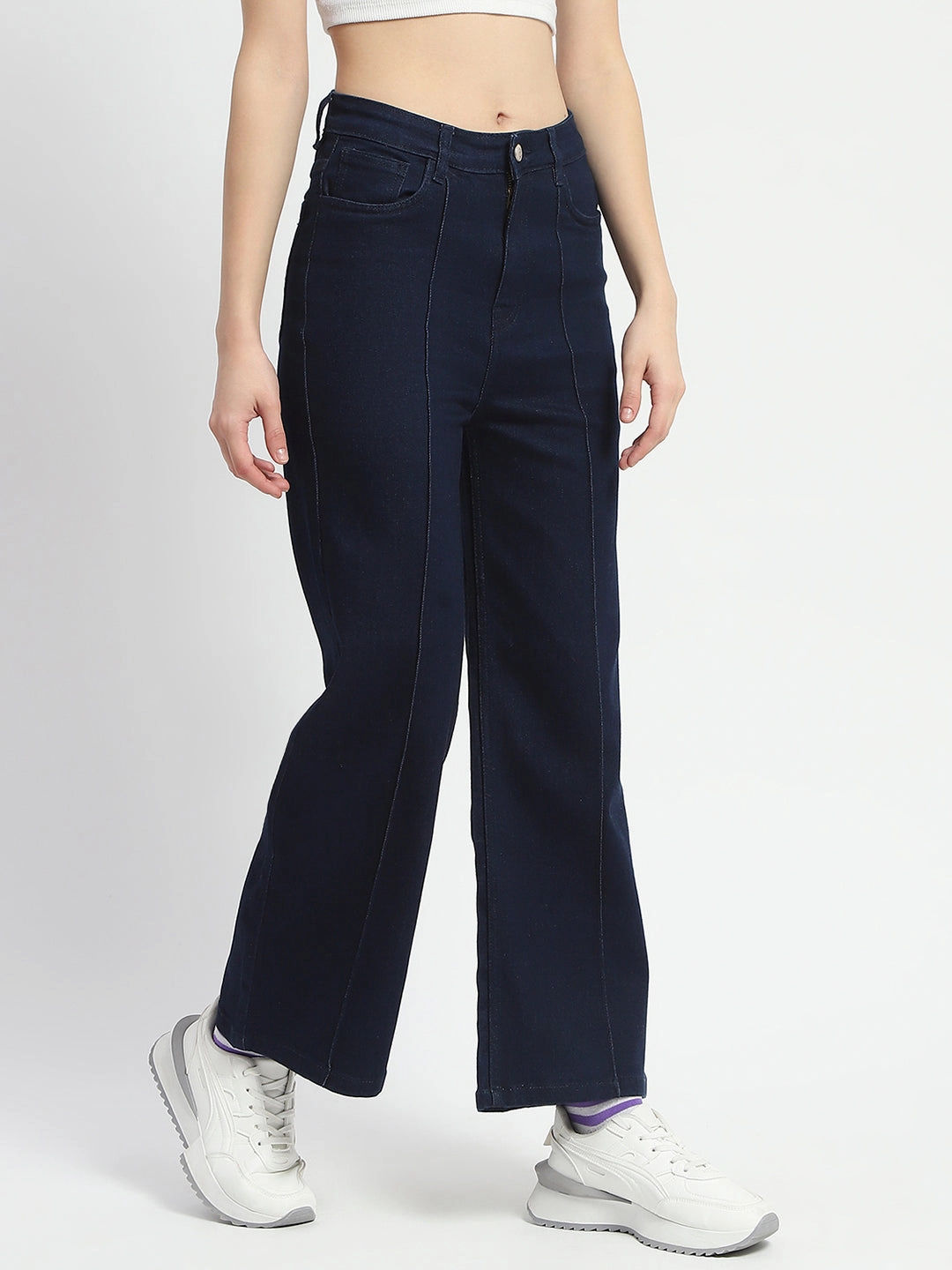 comfortable length All Fit Style Madame Cotton Blend Single Pleat Wide Leg Dark Blue Denim Jeans
