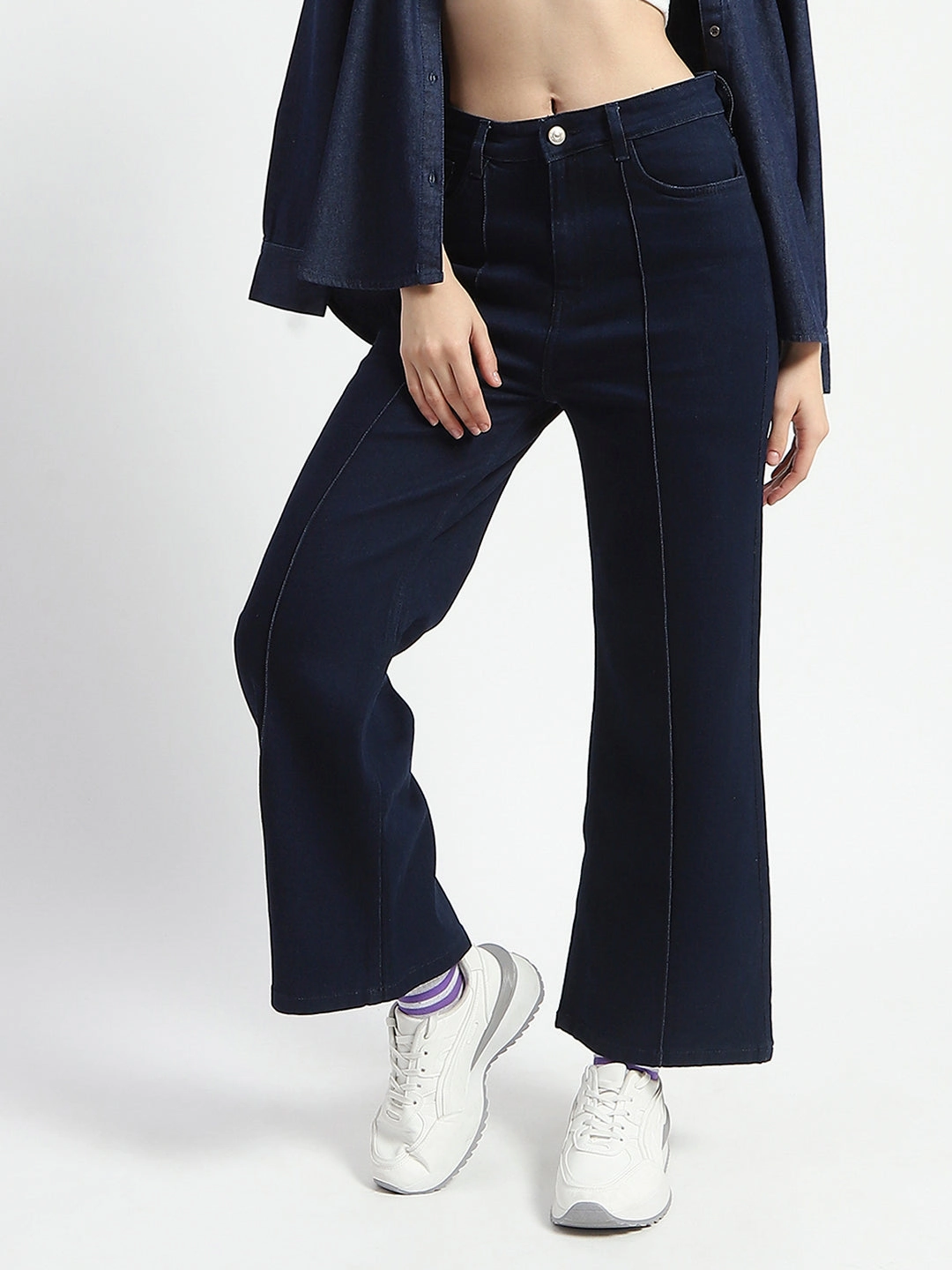 Classic Fit Design Madame Cotton Blend Single Pleat Wide Leg Dark Blue Denim Jeans