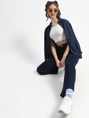 Madame Cotton Blend Single Pleat Wide Leg Dark Blue Denim Jeans Elegant Adult Fashion Fashion Forward