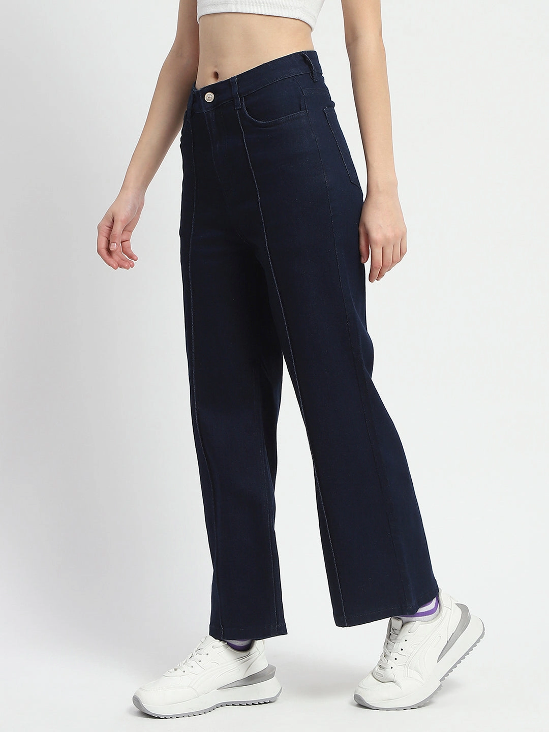 Madame Cotton Blend Single Pleat Wide Leg Dark Blue Denim Jeans Recycled Cotton Blend Flexible Design