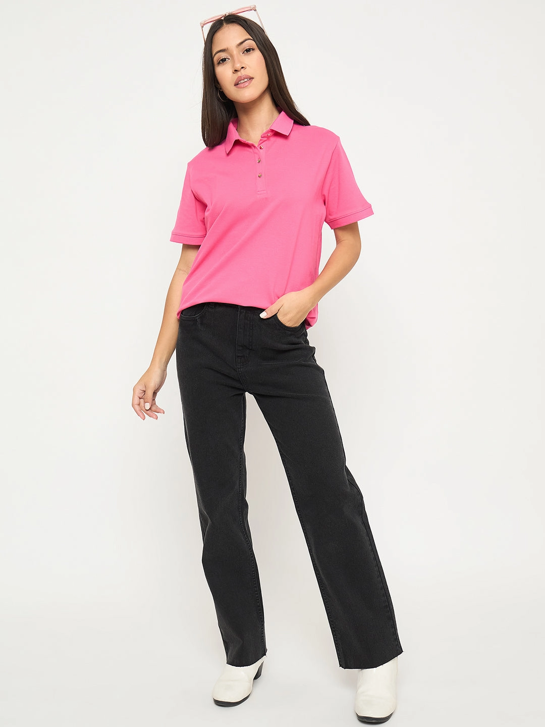 Madame Cotton Blend Solid Pink Polo T-shirt Formal Elegance