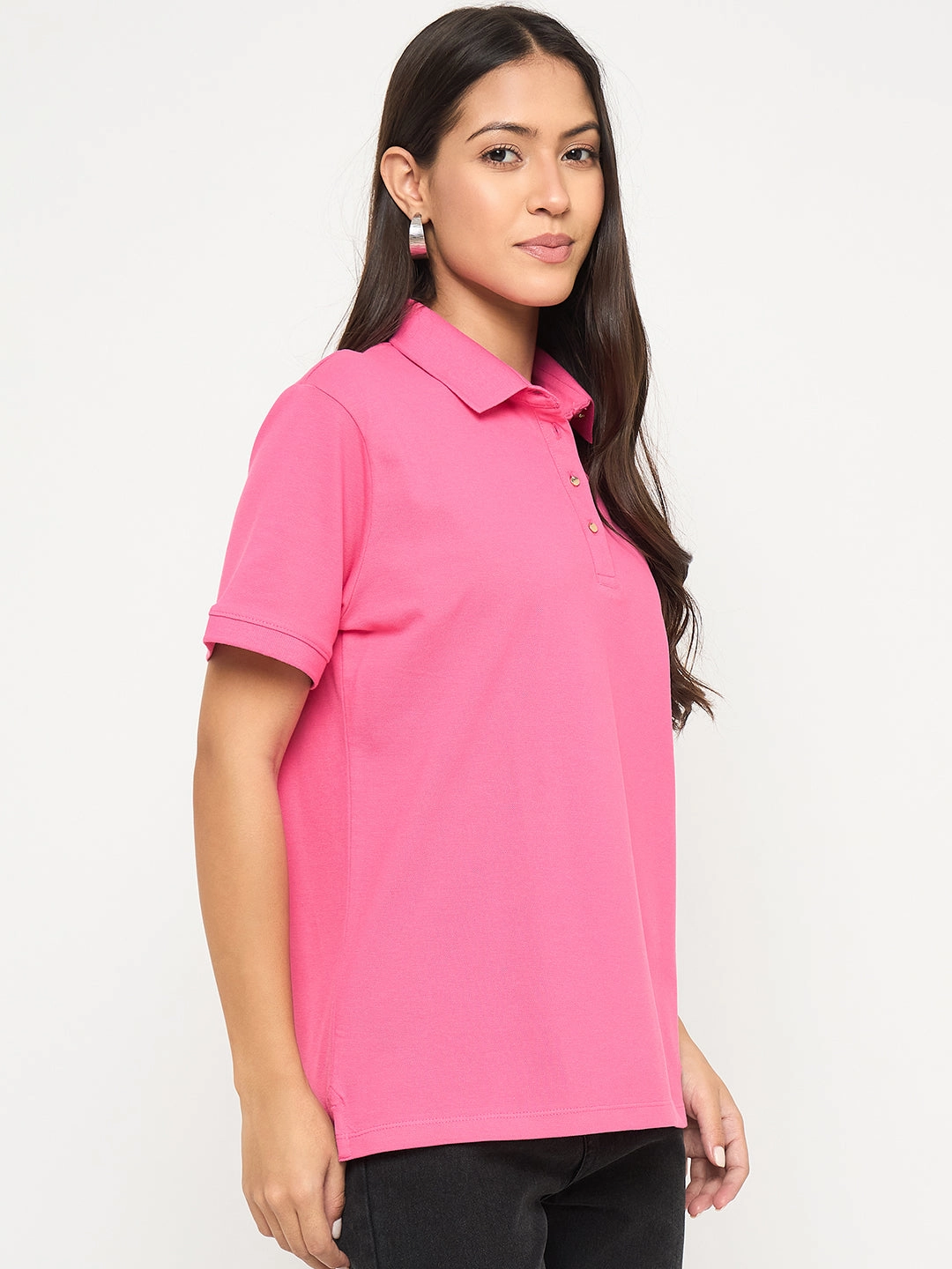 Madame Cotton Blend Solid Pink Polo T-shirt Customer Favorite