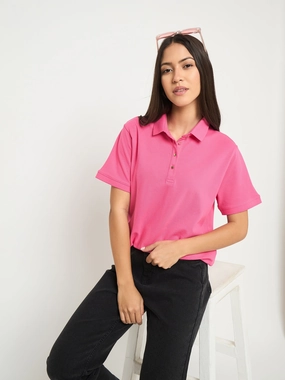 Sun Protection Madame Cotton Blend Solid Pink Polo T-shirt