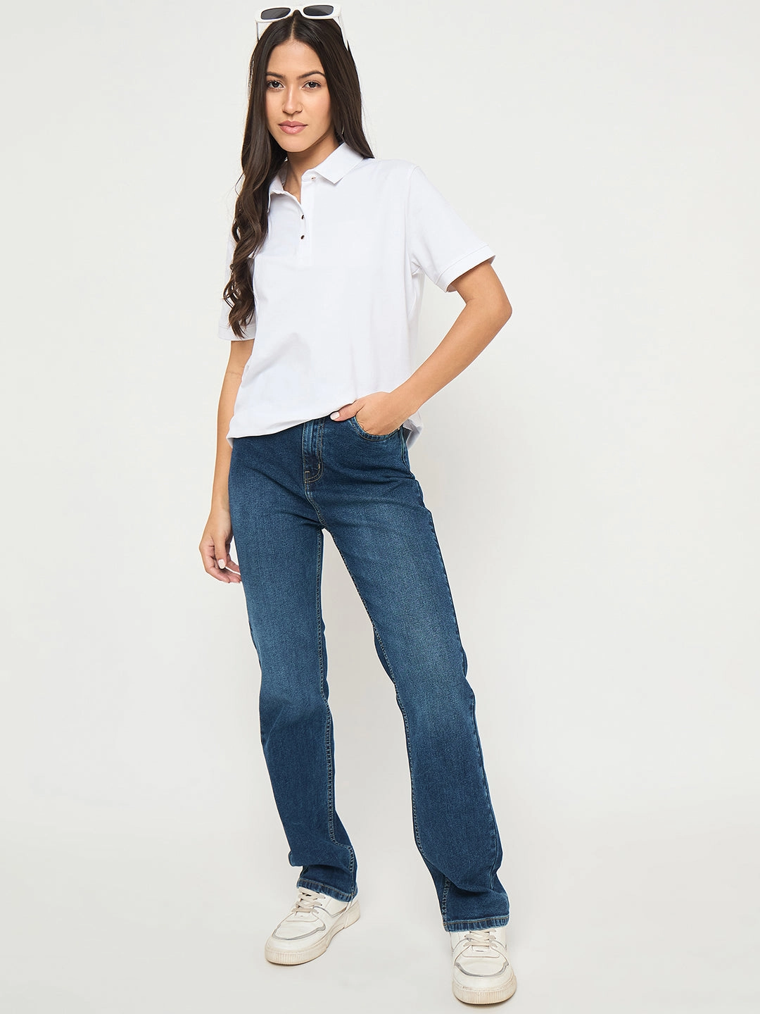 Ribbed Neckline Wrinkle Resistant Texture Madame Cotton Blend Solid White Polo T-shirt